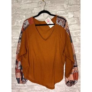 LARGE - RUST WAFFLE KNIT - PATCHWORK SLEEVES